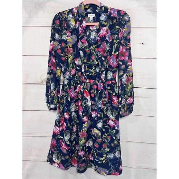 J. Crew Floral Long Sleeve Dress Size XS Navy With Mulit Color - Picture 1 of 5